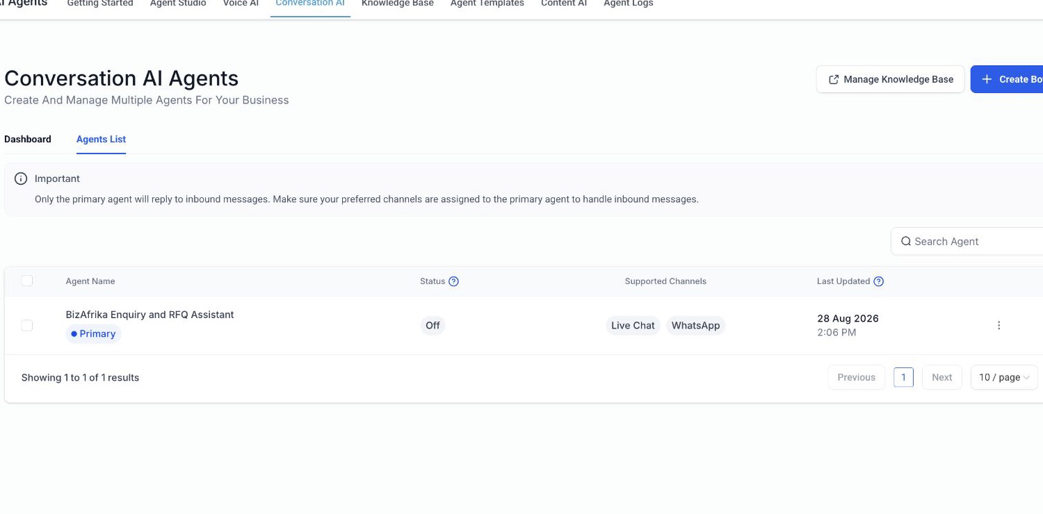 GHL Conversation AI agent shown Off with WhatsApp and Live Chat channels
