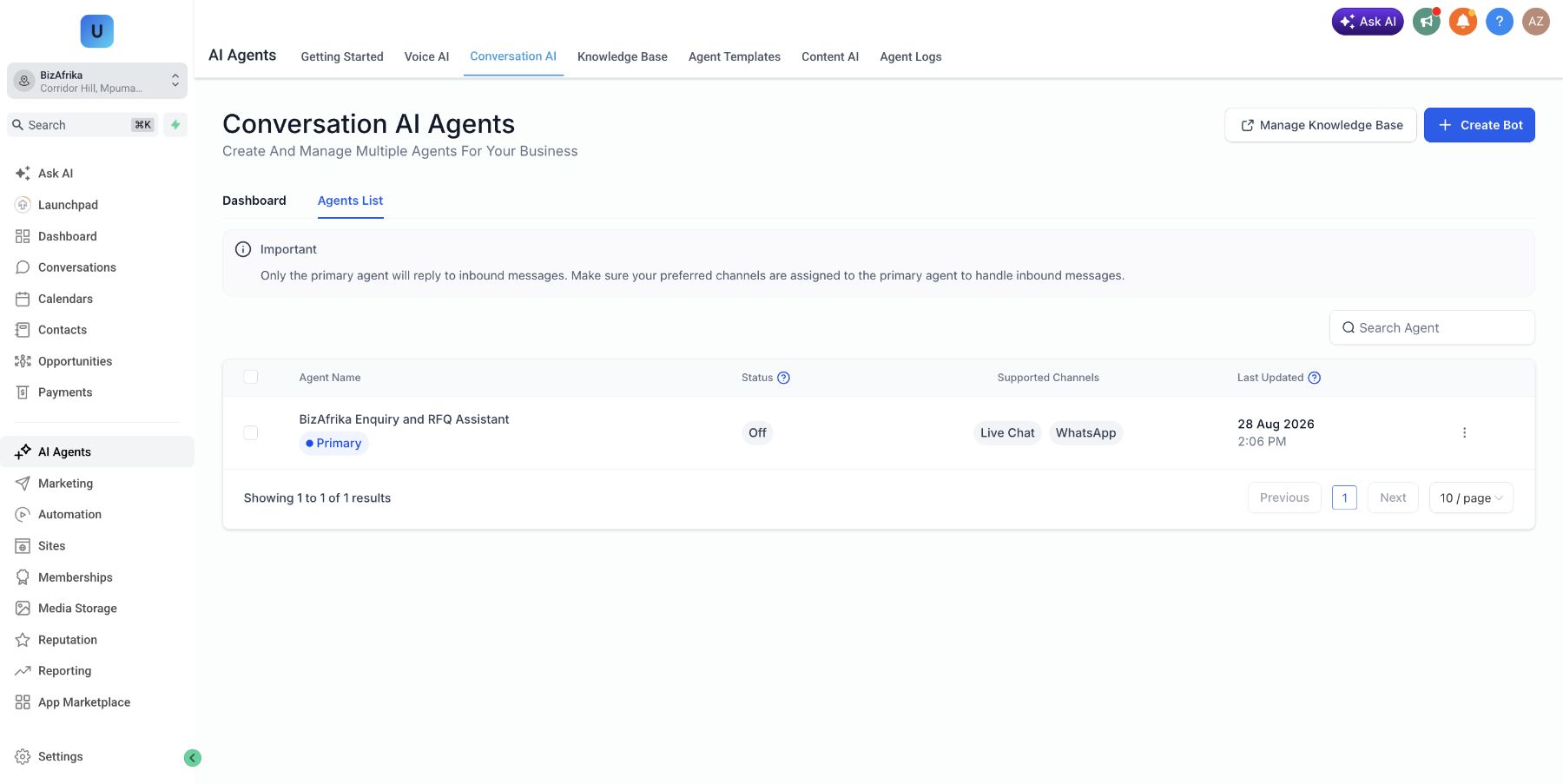 GHL Conversation AI agent list showing agent off and assigned channels