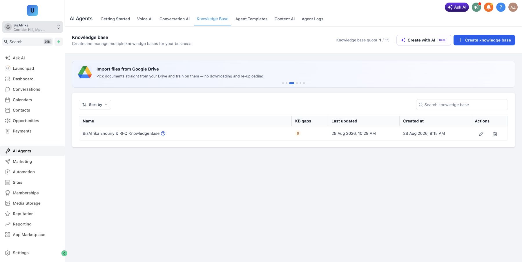 GHL knowledge base showing a single BizAfrika knowledge base