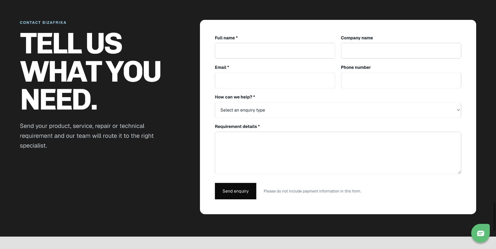 BizAfrika website enquiry form preview